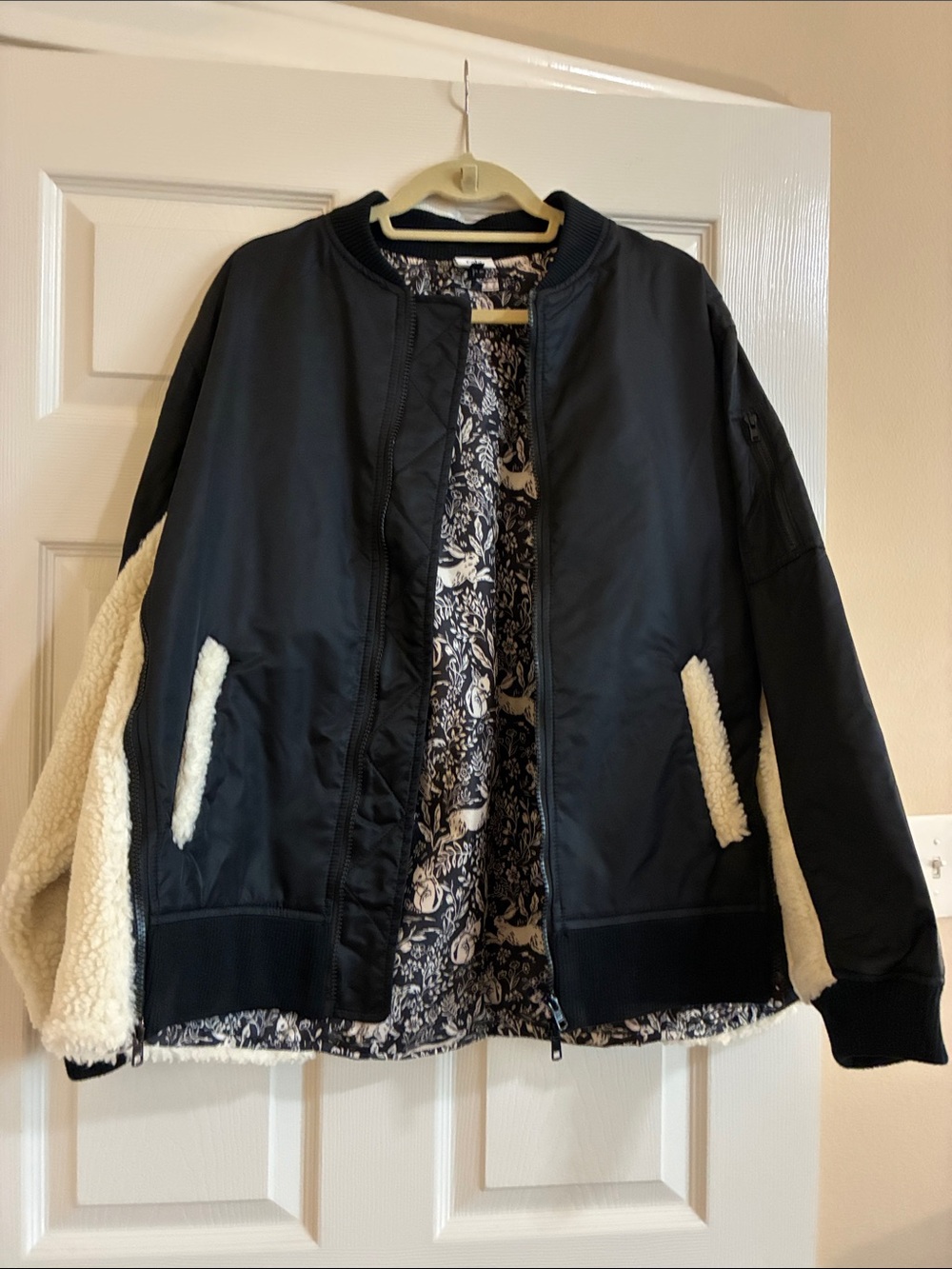 CAbi 4782 Black Bomber Jacket with Cream Sherpa Accents